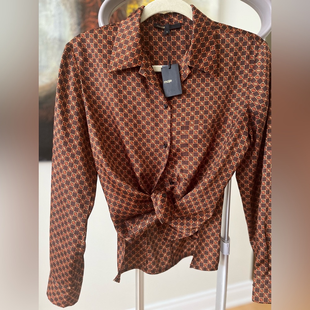 NWT$340 MAJE S (FR1) Women’s Blouse Shirt Brown Geometric Pattern (pls READ)